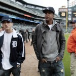 Music entertainers Eminem and Jay Z walk on the field of Comerica Park start of MLB baseball game between New York Yankees and Detroit Tigers