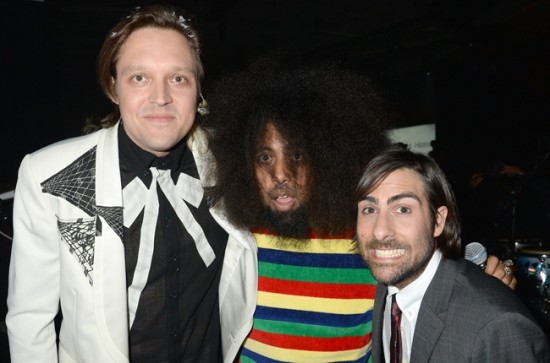 (L-R) Win Butler of Arcade Fire, Reggie Watts and Jason Schwartzman backstage at the 2013 YouTube Music Awards, November 3, 2013 in New York City