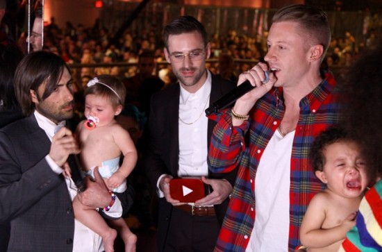 (L-R) Jason Schwartzman, Ryan Lewis & Macklemore present at the 2013 YouTube Music Awards, November 3, 2013 in New York City.