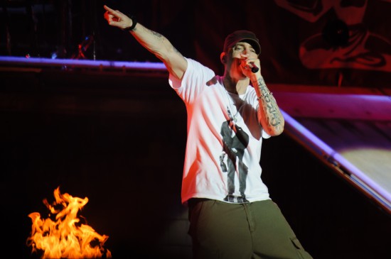 READING, UNITED KINGDOM - AUGUST 24: Eminem performs on stage on Day 2 of Reading Festival 2013 at Richfield Avenue on August 24, 2013 in Reading, England. (Photo by Joseph Okpako/Redferns via Getty Images)