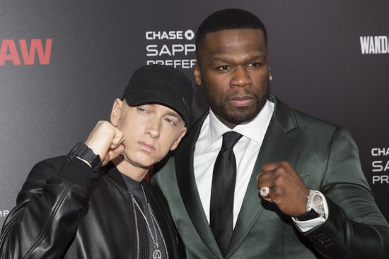 Eminem and Curtis ‘50 Cent’ Jackson attend the premiere of Southpaw in New York July 21, 2015