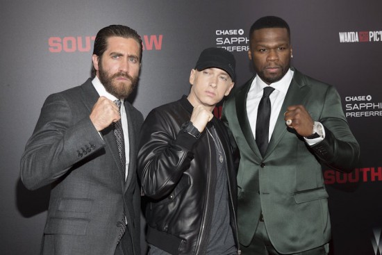 Jake Gyllenhaal, Eminem and Curtis 50 Cent Jackson attend the premiere of Southpaw in New York July 21, 2015