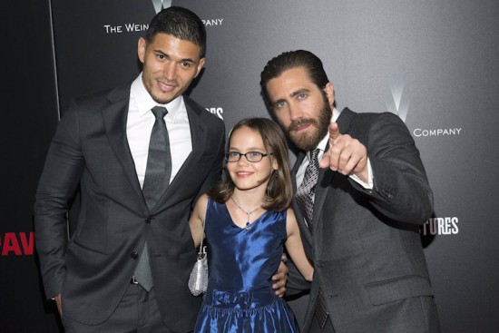 Miguel Gomez, Oona Laurence and Jake Gyllenhaal attend the premiere of Southpaw in New York July 21, 2015