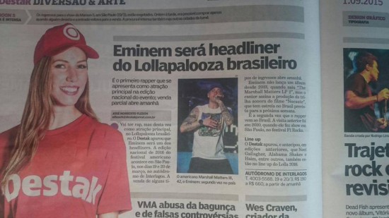 В начале недели сразу несколько средств массовой инфомрации Бразилии сообщили о том, что на фестивале Lollapalooza 2016 выступит Eminem.