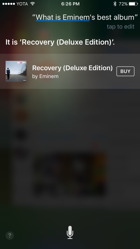 «It's 'Recovery'», отвечает Siri на вопрос «Какой лучший альбом Эминема».