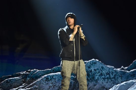 LONDON, ENGLAND - NOVEMBER 12:  Eminem performs on stage during the MTV EMAs 2017 held at The SSE Arena, Wembley on November 12, 2017 in London, England.  (Photo by Kevin Mazur/WireImage)