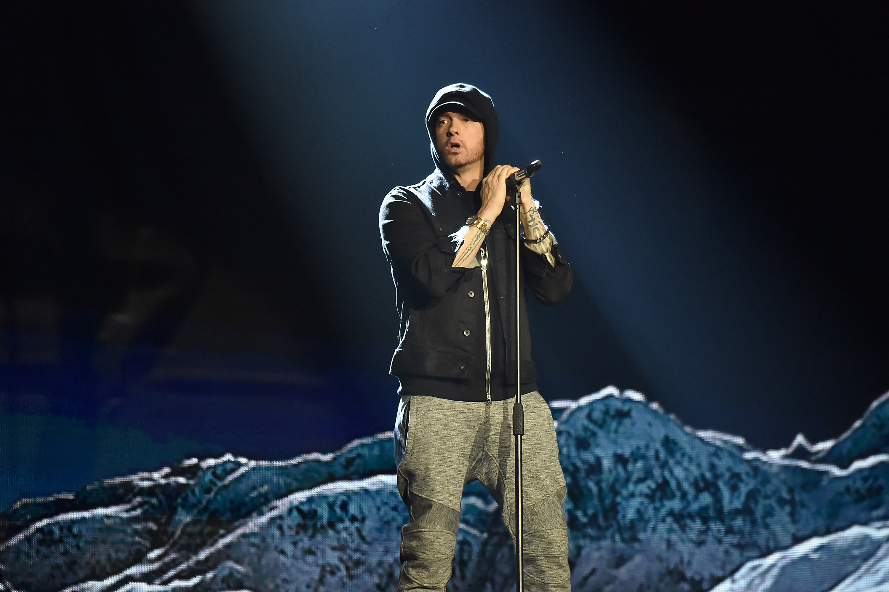 LONDON, ENGLAND - NOVEMBER 12: Eminem performs on stage during the MTV EMAs 2017 held at The SSE Arena, Wembley on November 12, 2017 in London, England. (Photo by Kevin Mazur/WireImage)