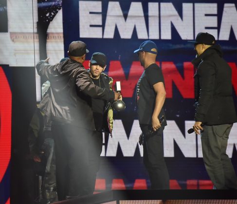 LONDON, ENGLAND - NOVEMBER 12: Eminem speaks on stage during the MTV EMAs 2017 held at The SSE Arena, Wembley on November 12, 2017 in London, England. (Photo by Kevin Mazur/WireImage)