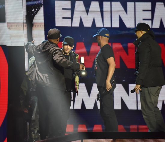 LONDON, ENGLAND - NOVEMBER 12:  Eminem speaks on stage during the MTV EMAs 2017 held at The SSE Arena, Wembley on November 12, 2017 in London, England.  (Photo by Kevin Mazur/WireImage)