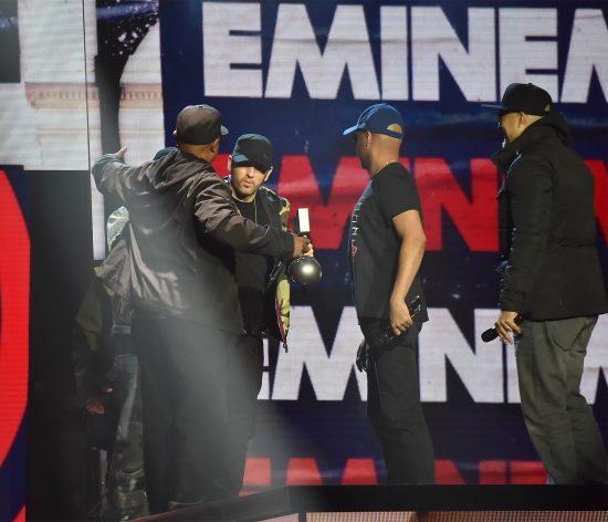 LONDON, ENGLAND - NOVEMBER 12:  Eminem speaks on stage during the MTV EMAs 2017 held at The SSE Arena, Wembley on November 12, 2017 in London, England.  (Photo by Kevin Mazur/WireImage)