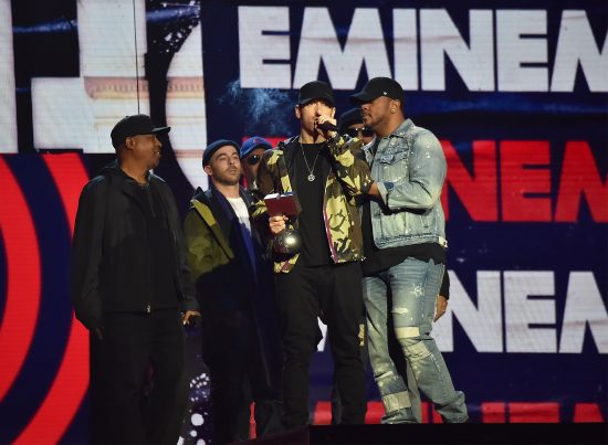 LONDON, ENGLAND - NOVEMBER 12:  Eminem speaks on stage during the MTV EMAs 2017 held at The SSE Arena, Wembley on November 12, 2017 in London, England.  (Photo by Kevin Mazur/WireImage)