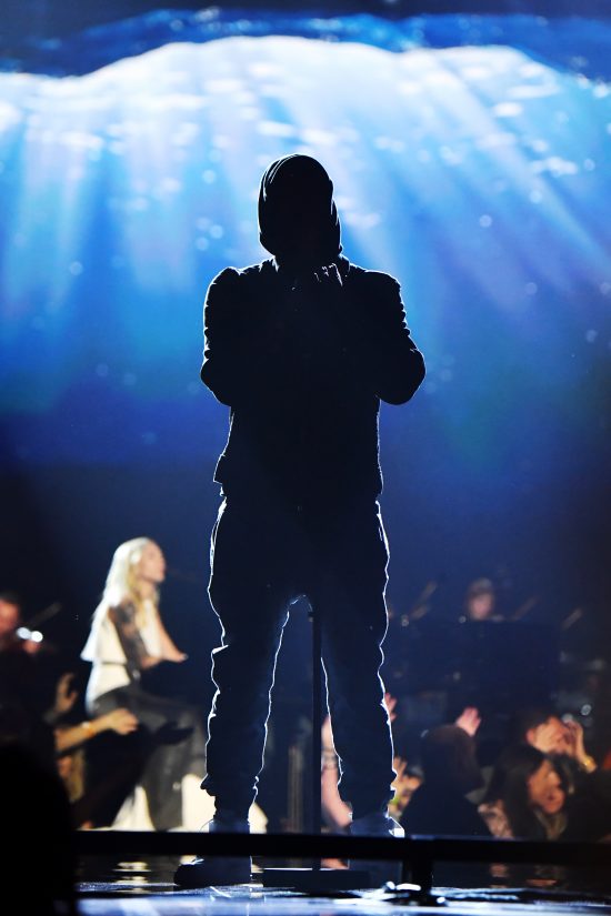 LONDON, ENGLAND - NOVEMBER 12:  Eminem performs on stage during the MTV EMAs 2017 held at The SSE Arena, Wembley on November 12, 2017 in London, England.  (Photo by Jeff Kravitz/FilmMagic)