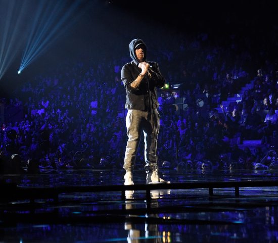 LONDON, ENGLAND - NOVEMBER 12:  Eminem performs on stage during the MTV EMAs 2017 held at The SSE Arena, Wembley on November 12, 2017 in London, England.  (Photo by Kevin Mazur/WireImage)