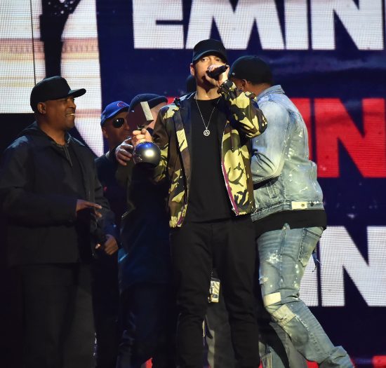 LONDON, ENGLAND - NOVEMBER 12:  Eminem accepts award on stage during the MTV EMAs 2017 held at The SSE Arena, Wembley on November 12, 2017 in London, England.  (Photo by Kevin Mazur/WireImage)