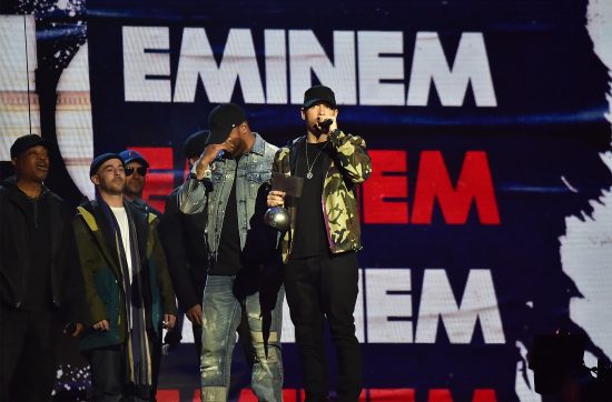 LONDON, ENGLAND - NOVEMBER 12: Eminem accepts award on stage during the MTV EMAs 2017 held at The SSE Arena, Wembley on November 12, 2017 in London, England. (Photo by Kevin Mazur/WireImage)