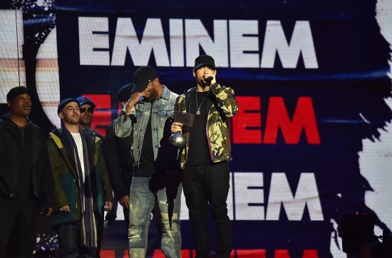 LONDON, ENGLAND - NOVEMBER 12:  Eminem accepts award on stage during the MTV EMAs 2017 held at The SSE Arena, Wembley on November 12, 2017 in London, England.  (Photo by Kevin Mazur/WireImage)