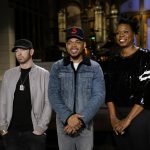 SATURDAY NIGHT LIVE -- Episode 1731 -- Pictured: (l-r) Musical Guest Eminem with Host Chance the Rapper and Leslie Jones during a promo in 30 Rockefeller Plaza -- (Photo by: Rosalind O'Connor/NBC/NBCU Photo Bank via Getty Images)