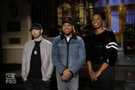 SATURDAY NIGHT LIVE -- Episode 1731 -- Pictured: (l-r) Musical Guest Eminem with Host Chance the Rapper and Leslie Jones during a promo in 30 Rockefeller Plaza -- (Photo by: Rosalind O'Connor/NBC/NBCU Photo Bank via Getty Images)