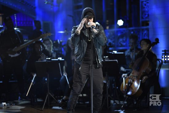 SATURDAY NIGHT LIVE -- Episode 1731 -- Pictured: Eminem performs a Medley in Studio 8H on Saturday, November 18, 2017 -- (Photo by: Will Heath/NBC/NBCU Photo Bank via Getty Images)