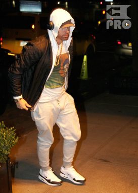 Rapper Eminem returns back to his hotel after spending some time in the recording studio in New York City. Real name Marshall Mathers is set to release his new album 'Revival' and will be performing on SNL on November 18th, 2017.