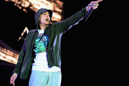 CHICAGO, IL - AUGUST 01: Eminem performs at Samsung Galaxy stage during 2014 Lollapalooza Day One at Grant Park on August 1, 2014 in Chicago, Illinois. (Photo by Theo Wargo/Getty Images)