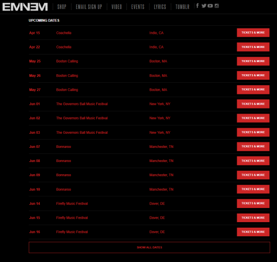 И мы думаем, что это ещё далеко не весь список. Пока что в графике выступлений Эминема значится 16 концертов и график этот очень плотный. 