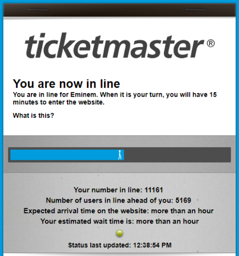 Чтобы попасть на региональные сайты TicketMaster, нужно было в прямом смысле «отстоять», пусть и виртуальную, но очередь. Ожидание составляло от 15 до 45 минут, а за билетами на Итальянский концерт Эминема очередь тянется до сих пор.