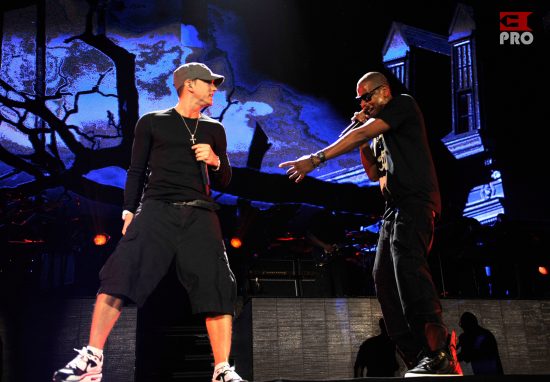 (EXCLUSIVE, Premium Rates Apply) (Exclusive Coverage) Eminem and Jay-Z perform at Yankee Stadium on September 13, 2010 in New York City.