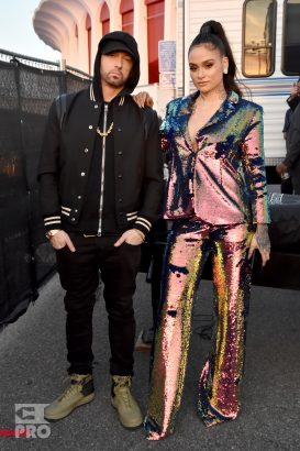 INGLEWOOD, CA - MARCH 11: Eminem (L) and Kehlani during the 2018 iHeartRadio Music Awards which broadcasted live on TBS, TNT, and truTV at The Forum on March 11, 2018 in Inglewood, California. (Photo by Kevin Mazur/Getty Images for iHeartMedia)