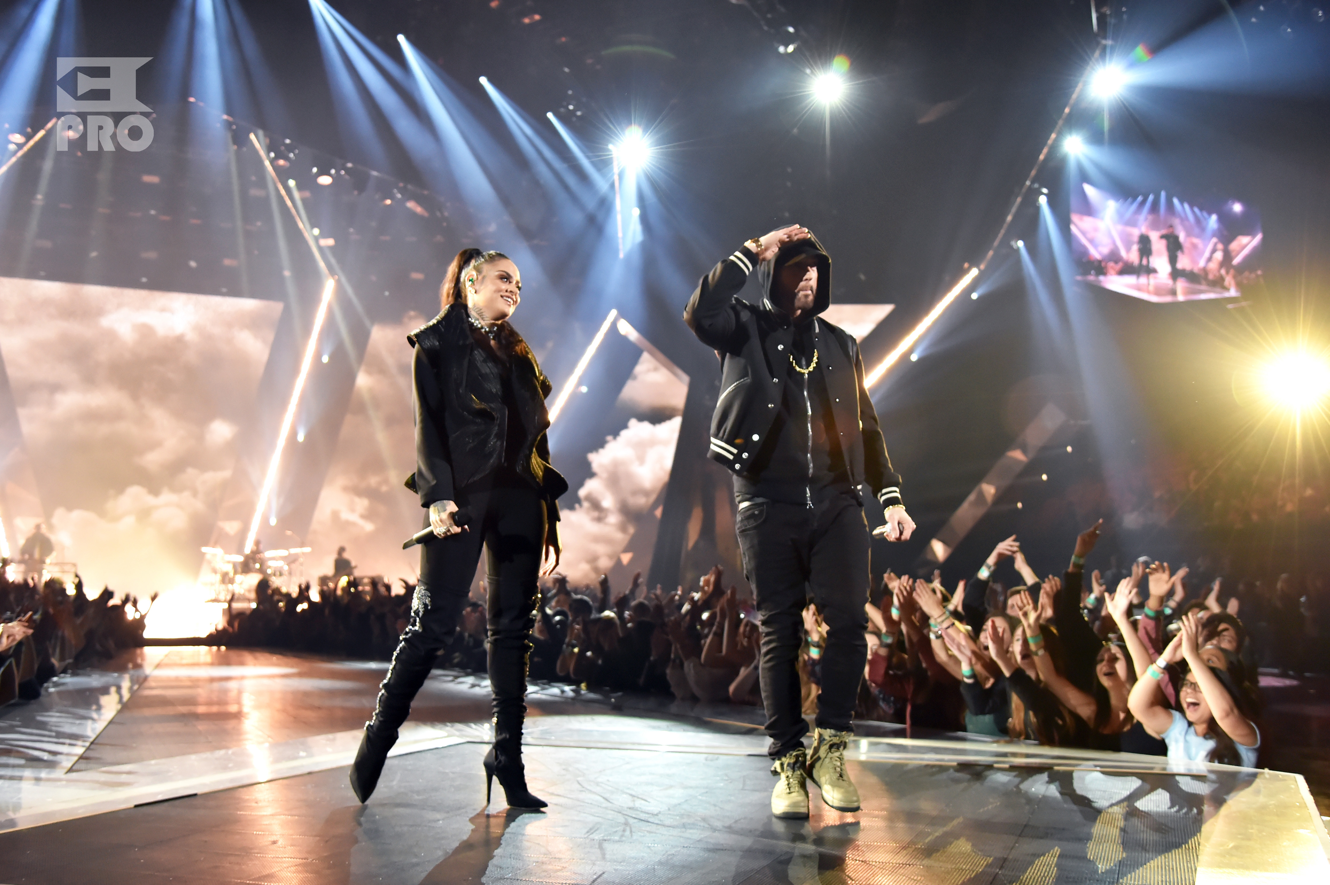 INGLEWOOD, CA - MARCH 11: Kehlani (L) and Eminem perform onstage during the 2018 iHeartRadio Music Awards which broadcasted live on TBS, TNT, and truTV at The Forum on March 11, 2018 in Inglewood, California. (Photo by Kevin Mazur/Getty Images for iHeartMedia)