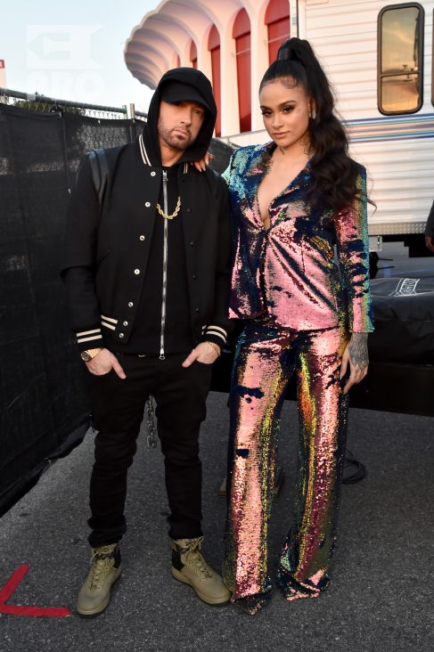 INGLEWOOD, CA - MARCH 11: Eminem (L) and Kehlani during the 2018 iHeartRadio Music Awards which broadcasted live on TBS, TNT, and truTV at The Forum on March 11, 2018 in Inglewood, California. (Photo by Kevin Mazur/Getty Images for iHeartMedia)