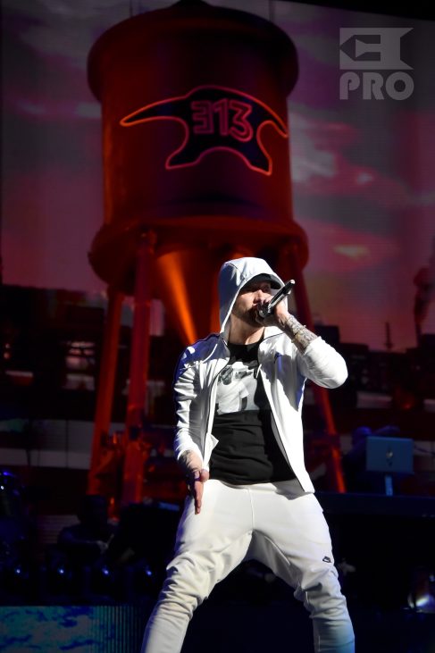 INDIO, CA - APRIL 15: Eminem performs onstage during the 2018 Coachella Valley Music and Arts Festival Weekend 1 at the Empire Polo Field on April 15, 2018 in Indio, California. (Photo by Kevin Mazur/Getty Images for Coachella)