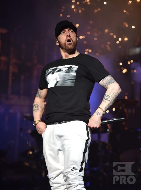 INDIO, CA - APRIL 15: Eminem performs onstage during the 2018 Coachella Valley Music and Arts Festival Weekend 1 at the Empire Polo Field on April 15, 2018 in Indio, California. (Photo by Kevin Mazur/Getty Images for Coachella)