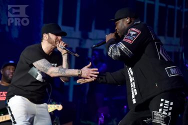 INDIO, CA - APRIL 15: Eminem and 50 Cent perform onstage during the 2018 Coachella Valley Music and Arts Festival Weekend 1 at the Empire Polo Field on April 15, 2018 in Indio, California. (Photo by Kevin Mazur/Getty Images for Coachella)
