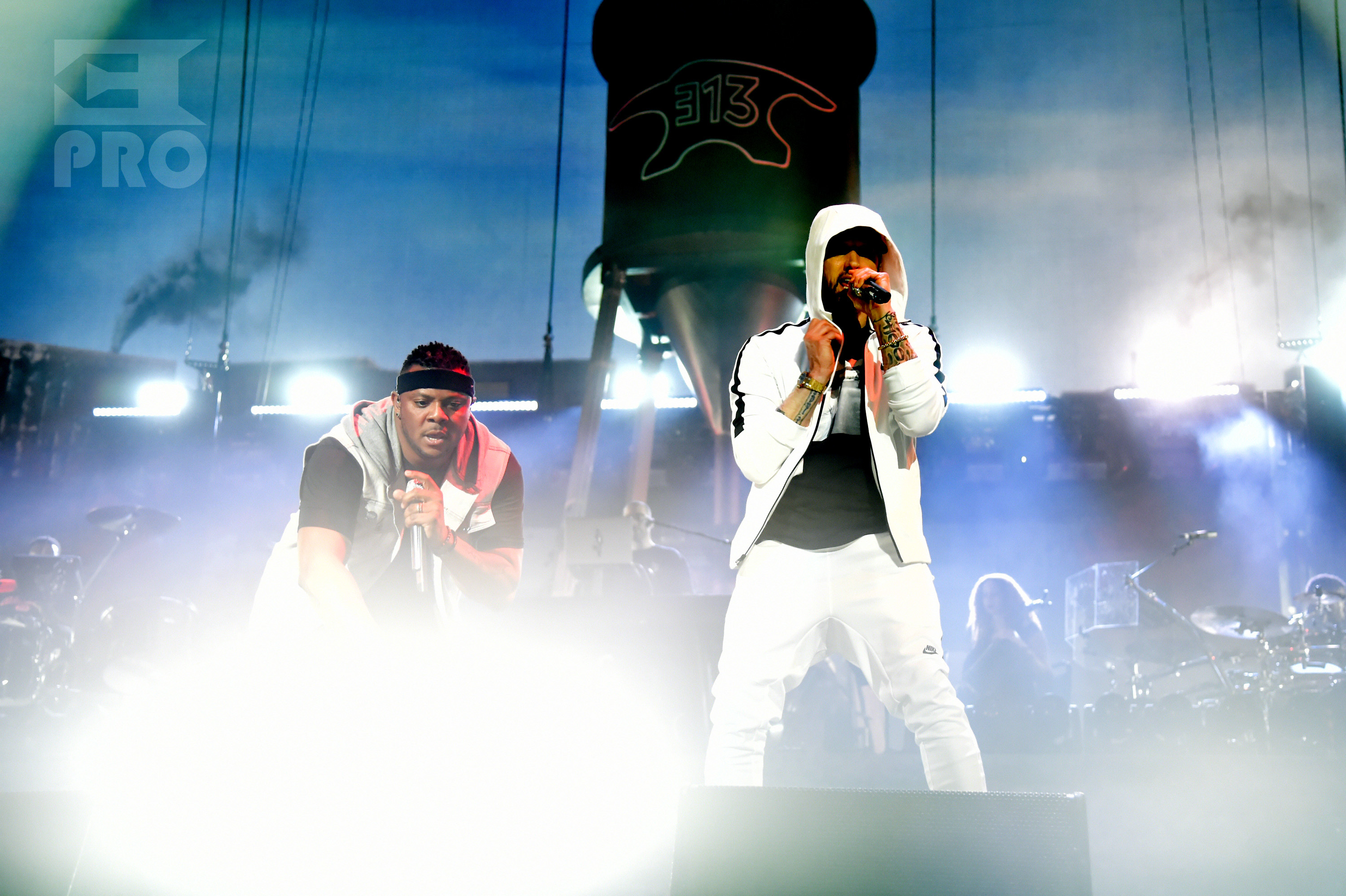 INDIO, CA - APRIL 15: Mr. Porter (L) and Eminem perform onstage during the 2018 Coachella Valley Music and Arts Festival Weekend 1 at the Empire Polo Field on April 15, 2018 in Indio, California. (Photo by Kevin Mazur/Getty Images for Coachella)