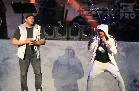 INDIO, CA - APRIL 15: Mr. Porter (L) and Eminem perform onstage during the 2018 Coachella Valley Music and Arts Festival Weekend 1 at the Empire Polo Field on April 15, 2018 in Indio, California. (Photo by Christopher Polk/Getty Images for Coachella)