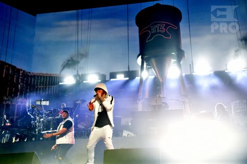 INDIO, CA - APRIL 15: Mr. Porter (L) and Eminem perform onstage during the 2018 Coachella Valley Music and Arts Festival Weekend 1 at the Empire Polo Field on April 15, 2018 in Indio, California. (Photo by Kevin Mazur/Getty Images for Coachella)