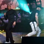 INDIO, CA - APRIL 15: Dr. Dre and Eminem perform onstage during the 2018 Coachella Valley Music and Arts Festival Weekend 1 at the Empire Polo Field on April 15, 2018 in Indio, California. (Photo by Kevin Mazur/Getty Images for Coachella)