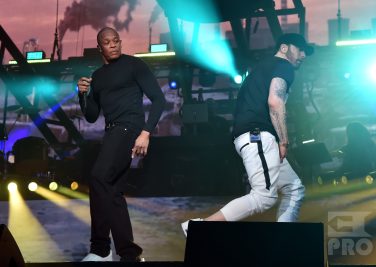 INDIO, CA - APRIL 15: Dr. Dre and Eminem perform onstage during the 2018 Coachella Valley Music and Arts Festival Weekend 1 at the Empire Polo Field on April 15, 2018 in Indio, California. (Photo by Kevin Mazur/Getty Images for Coachella)