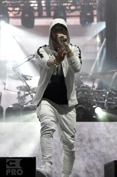 INDIO, CA - APRIL 15: Eminem performs onstage during the 2018 Coachella Valley Music and Arts Festival Weekend 1 at the Empire Polo Field on April 15, 2018 in Indio, California. (Photo by Kevin Mazur/Getty Images for Coachella)