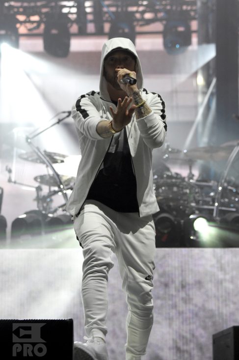 INDIO, CA - APRIL 15: Eminem performs onstage during the 2018 Coachella Valley Music and Arts Festival Weekend 1 at the Empire Polo Field on April 15, 2018 in Indio, California. (Photo by Kevin Mazur/Getty Images for Coachella)