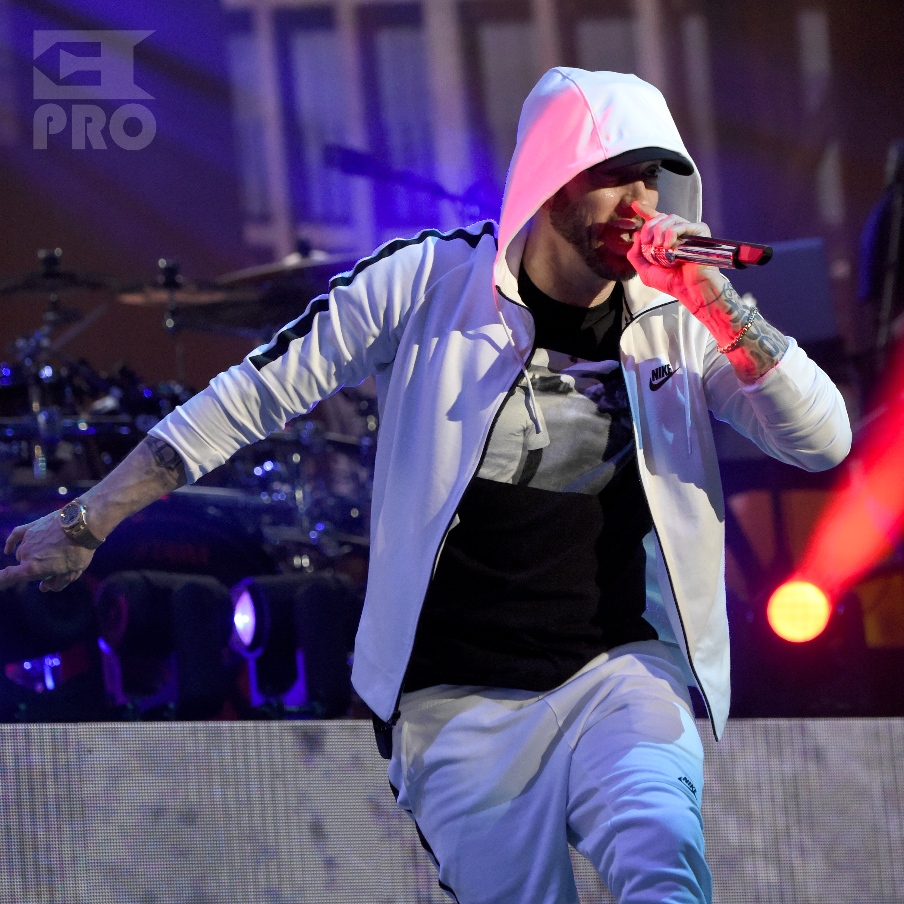 INDIO, CA - APRIL 15: Eminem performs onstage during the 2018 Coachella Valley Music and Arts Festival Weekend 1 at the Empire Polo Field on April 15, 2018 in Indio, California. (Photo by Kevin Mazur/Getty Images for Coachella)
