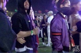 EXCLUSIVE: Leonardo DiCaprio gets many hugs and a kiss from his new girlfriend as she showed much affection moments before the Eminem performance at Coachella. Camila Morrone (20) was having a blast with Leo as they stood with friends next to the VIP cash bar and then later held each other and squeezed their way through a pipe structure all while holding each other close and then made their way to the lawn to watch the big show of the final night of Coachella.
