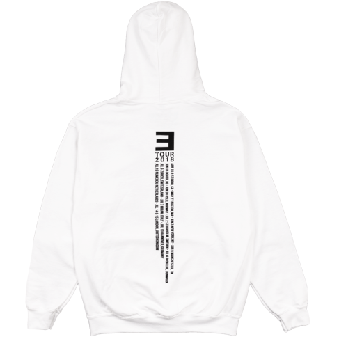 EM-SMMR18.USA-EUR '18 HOODIE Самая популярная худи 2018-го года среди фанатов и посетителей концертов Эминема. Белоснежная худи украшена логотипом тура на груди и списком дат концертов на спине