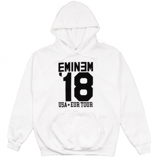 EM-SMMR18.USA-EUR '18 HOODIE Самая популярная худи 2018-го года среди фанатов и посетителей концертов Эминема. Белоснежная худи украшена логотипом тура на груди и списком дат концертов на спине