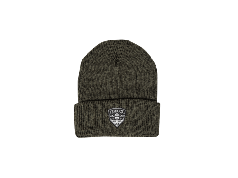 This is a pre-order and is expected to ship in 4-5 weeks. Exclusive and limited Kamikaze merchandise. 100% wool beanie in green. Black and white patch on front.
