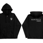 This is a pre-order and is expected to ship in 4-5 weeks.  Exclusive and limited Kamikaze merchandise.  Unisex special blend zip-up in black. Black and white patch on front left chest. White text printed on back.