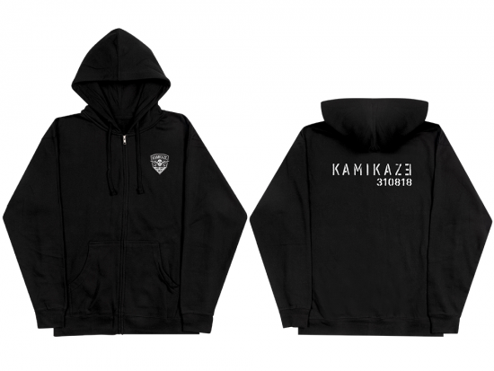 This is a pre-order and is expected to ship in 4-5 weeks.  Exclusive and limited Kamikaze merchandise.  Unisex special blend zip-up in black. Black and white patch on front left chest. White text printed on back.