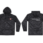 This is a pre-order and is expected to ship in 4-5 weeks.  Exclusive and limited Kamikaze merchandise.  Lightweight water resistant camo poncho in black. Multi-color patch on front left chest and white text printed on back.