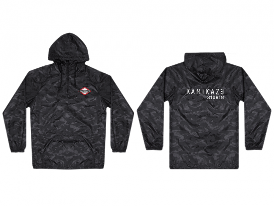 This is a pre-order and is expected to ship in 4-5 weeks.  Exclusive and limited Kamikaze merchandise.  Lightweight water resistant camo poncho in black. Multi-color patch on front left chest and white text printed on back.